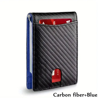 Men Wallet PU Credit Card Clip Mini RFID Blocking in carbon fiber and blue design with visible credit card.