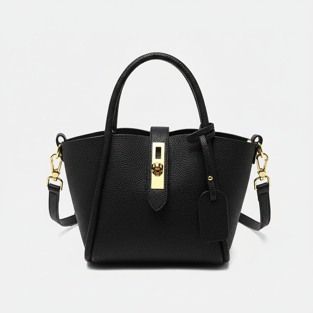 Women's Genuine Leather Bucket Bags in stylish black with zipper closure and interior compartments.