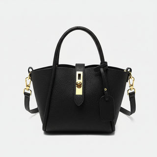 Women's Genuine Leather Bucket Bags in stylish black with zipper closure and interior compartments.