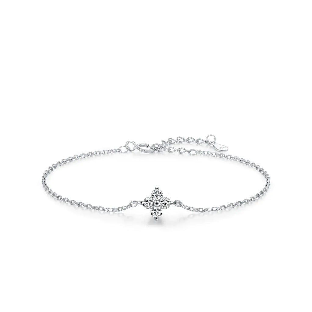 Bracelet 925 Sterling Silver with four leaf clover design and cubic zirconia crystal accents, elegant and stackable.