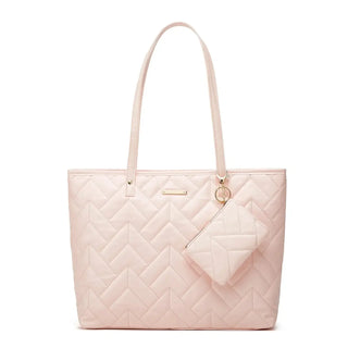 Tote Bag Soft & Versatile Two Piece Set featuring a pink quilted design and detachable pouch.