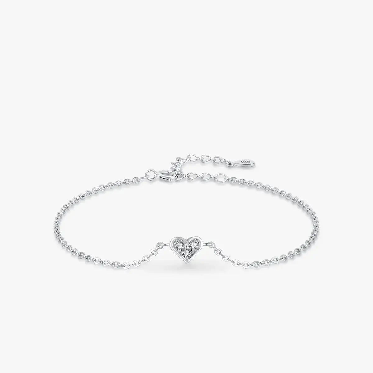 Bracelet 925 sterling silver with heart-shaped zircon, adjustable and lightweight, perfect for gifts.