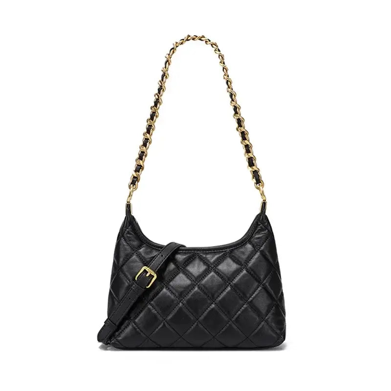 Genuine leather shoulder bag with quilted design and gold-tone chain strap, perfect for everyday and evening outfits.
