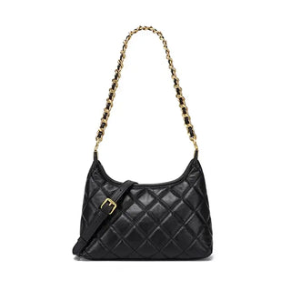 Genuine leather shoulder bag with quilted design and gold-tone chain strap, perfect for everyday and evening outfits.