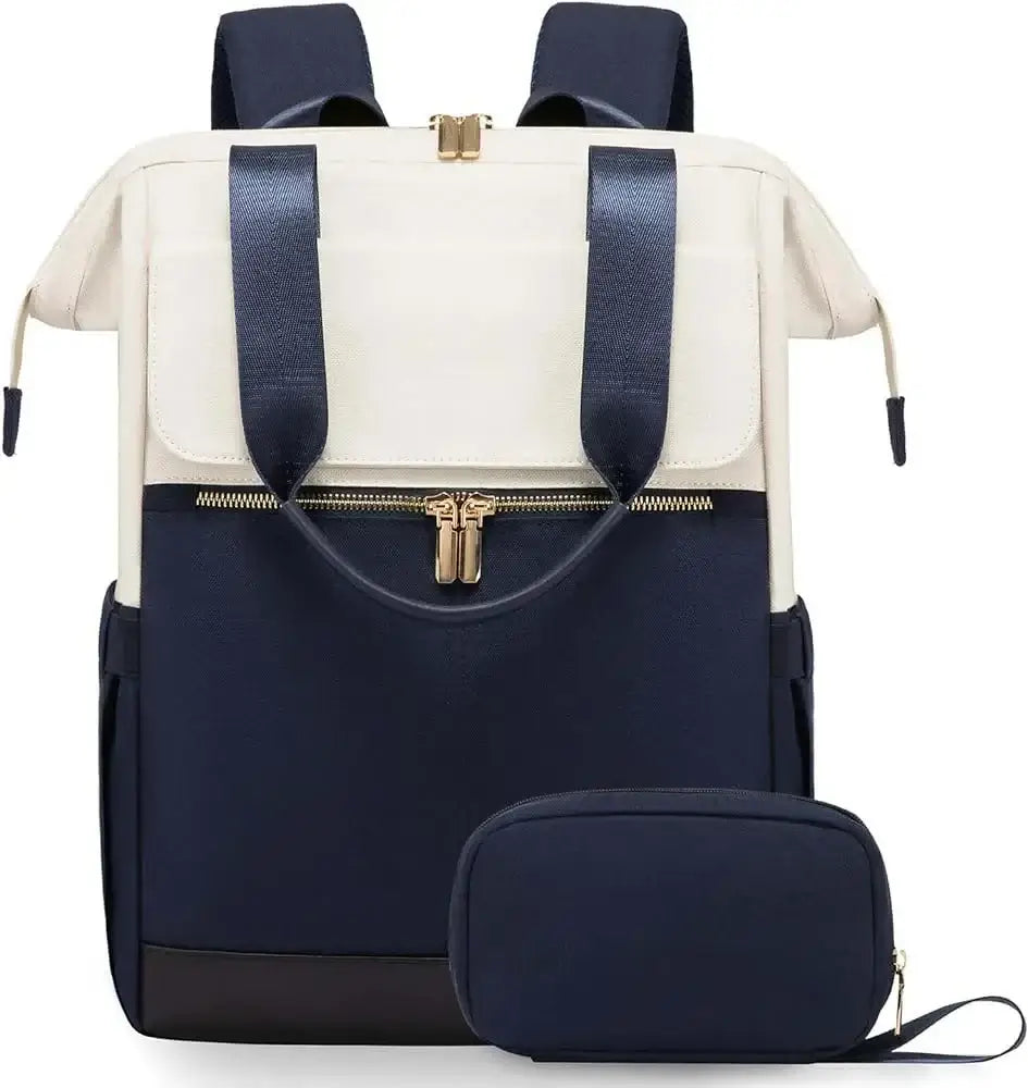 Women's Backpack in navy and cream color with zipper closure and exterior pocket.