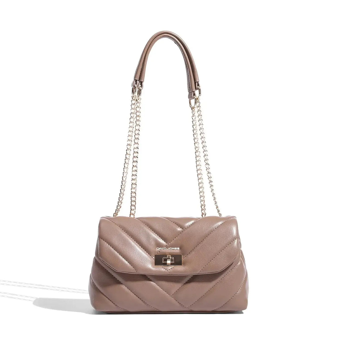 Stylish taupe crossbody bag with quilted design and chain strap from David Jones.