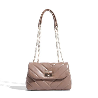 Stylish taupe crossbody bag with quilted design and chain strap from David Jones.