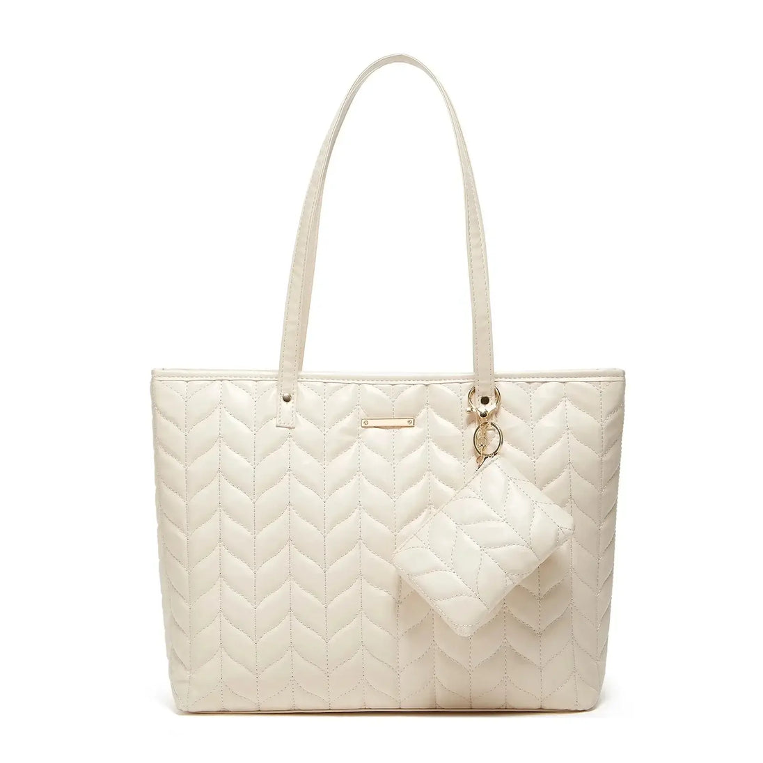 Tote Bag Soft & Versatile Two Piece Set in cream color with quilted design and matching pouch.