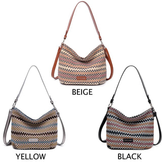 Multicolor zigzag pattern women's shoulder bags in yellow, beige, and black, suitable for casual elegance and daily use.