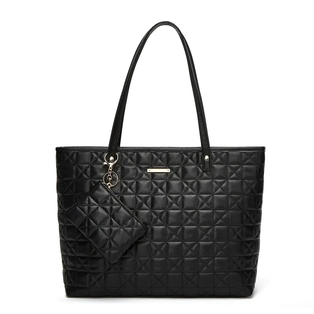 Tote Bag soft and versatile two piece set in quilted black microfiber with detachable pouch.