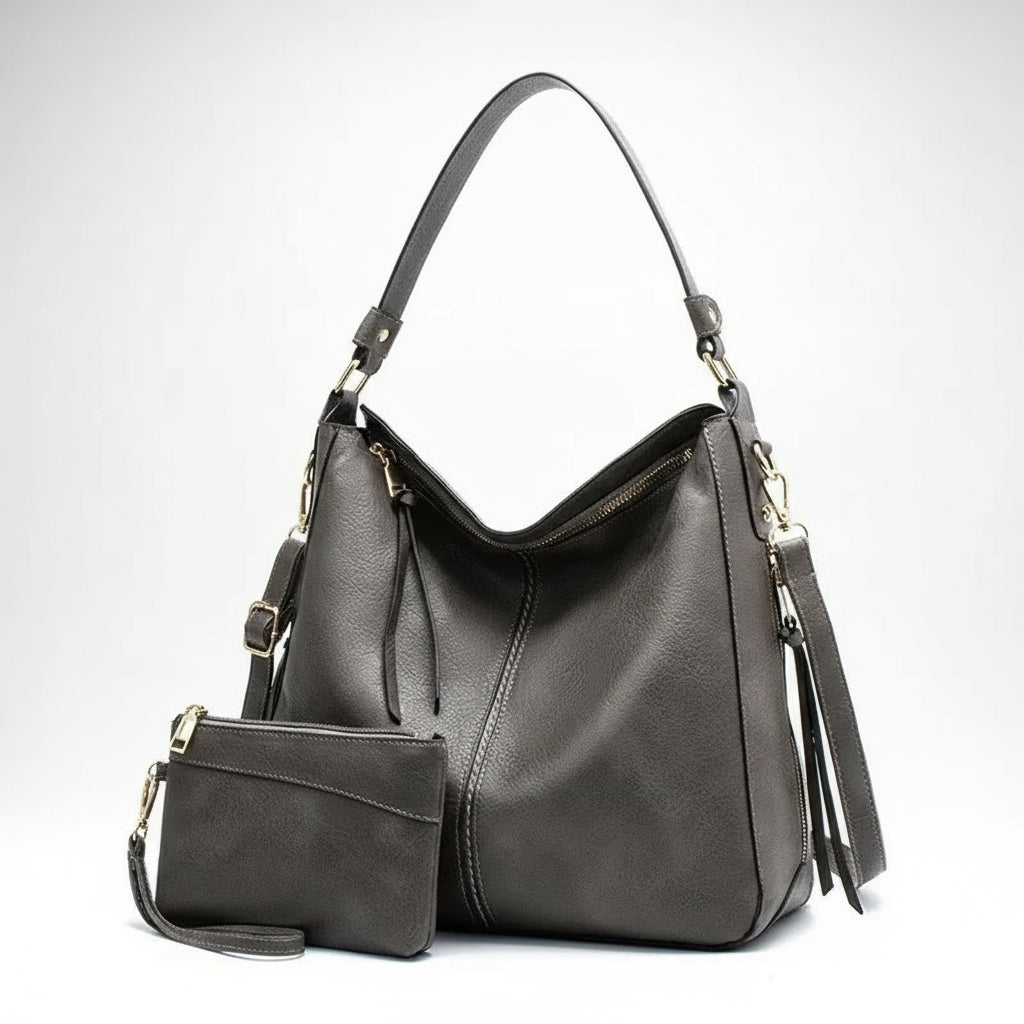 Hobo shoulder bag and wallet pouch set made of high-quality PU leather in stylish gray color.