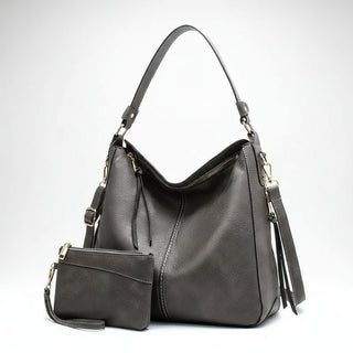 Hobo shoulder bag and wallet pouch set made of high-quality PU leather in stylish gray color.