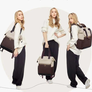 Women's Backpack showcased on a model wearing casual attire in three poses, featuring a stylish design and soft handles.