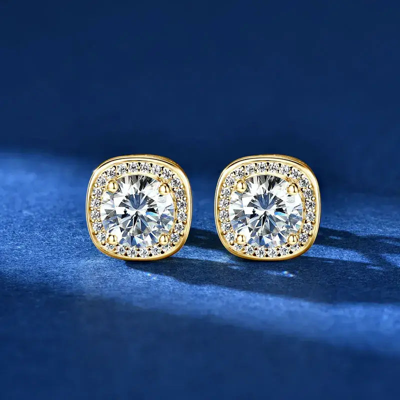 Moissanite Square Halo Earring for Woman featuring brilliant cut stones surrounded by halo of smaller diamonds.