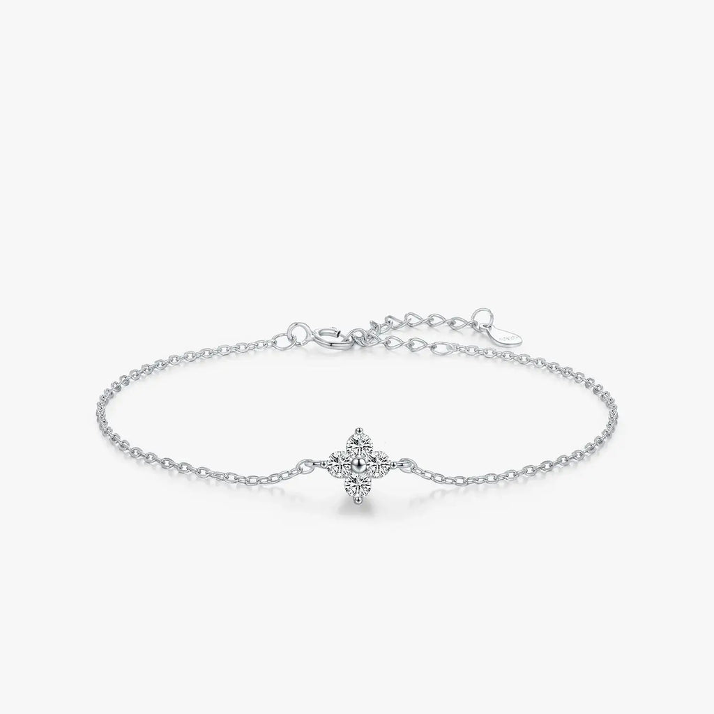 Bracelet 925 Sterling Silver featuring a four leaf clover design with cubic zirconia crystal accents and adjustable chain.