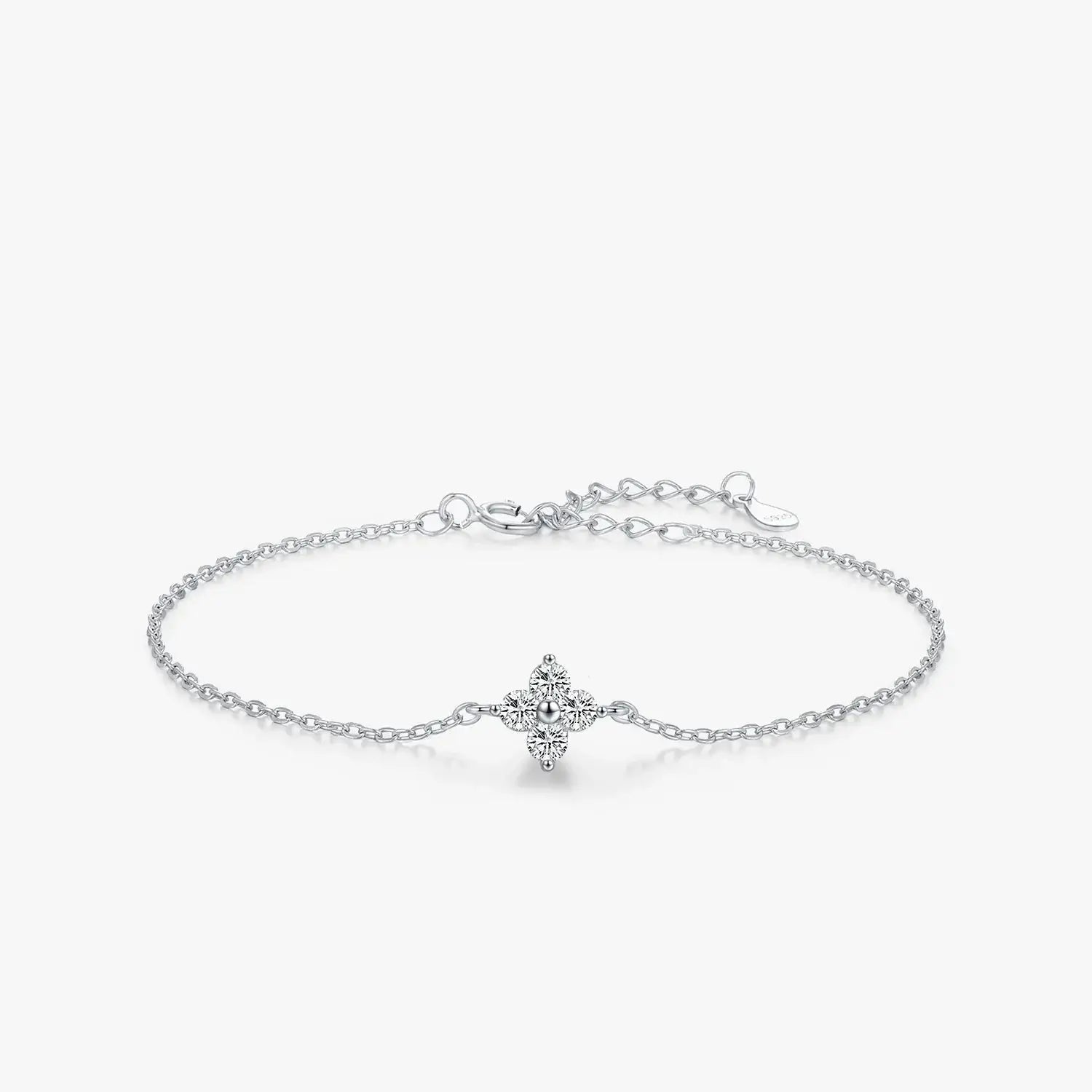 Bracelet 925 Sterling Silver featuring a four leaf clover design with cubic zirconia crystal accents and adjustable chain.