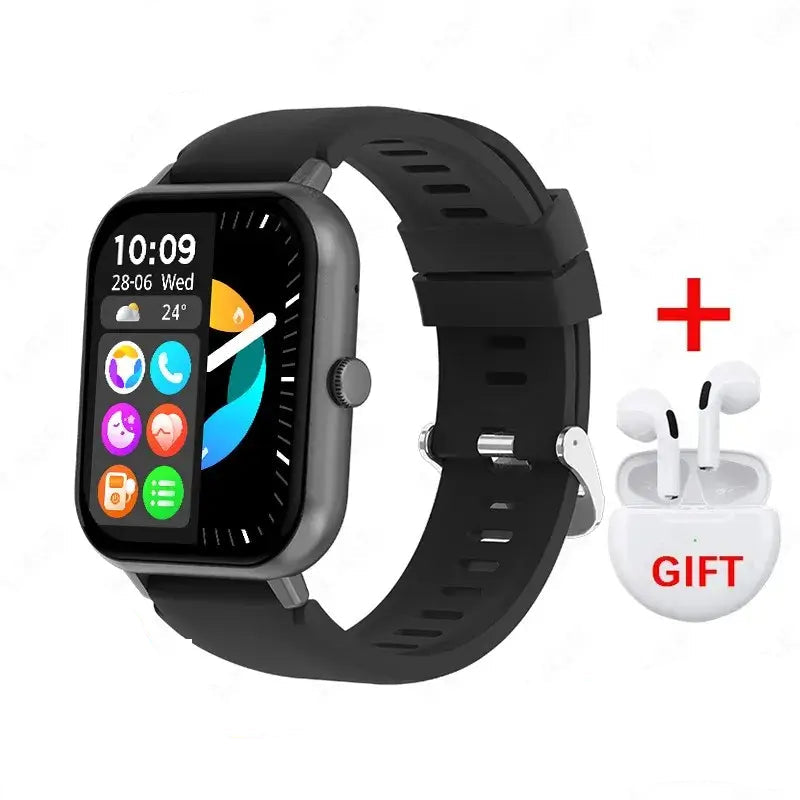 Smartwatch with app icons, earbuds in a case, and LIGE branding on a white background.