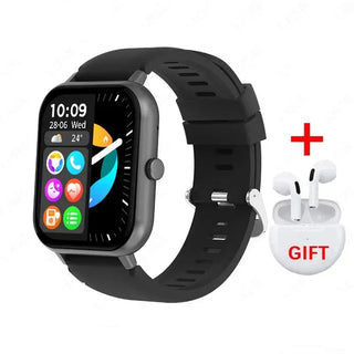 Smartwatch with app icons, earbuds in a case, and LIGE branding on a white background.