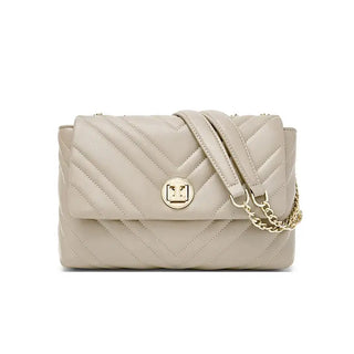 Shoulder Bag with Gold Chain in beige with quilted design and gold chain strap.