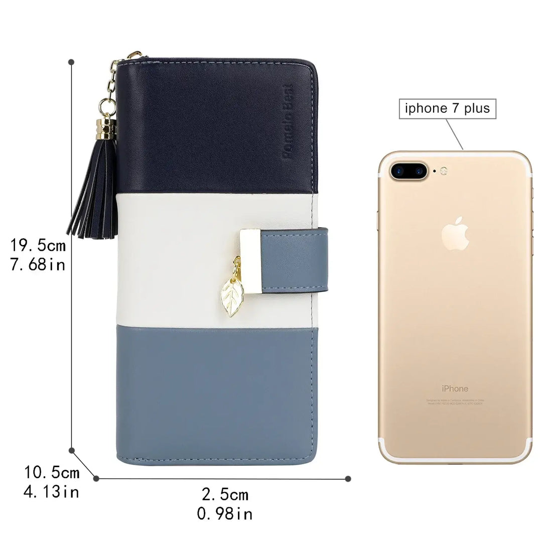 Womens Wallet RFID Blocking in genuine leather with zipper closure and button decoration, alongside an iPhone 7 Plus for size reference.