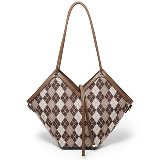 Women Tote Bag with a stylish plaid pattern and zipper closure, perfect for shoulder and handbag use.