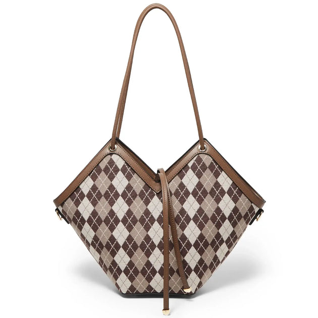 Women Tote Bag with a stylish plaid pattern and zipper closure, perfect for shoulder and handbag use.