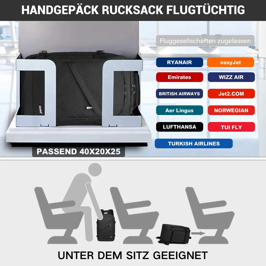 Backpack Waterproof suitable for air travel, fits 40x20x25cm, compatible with major airlines, compact design under seat.