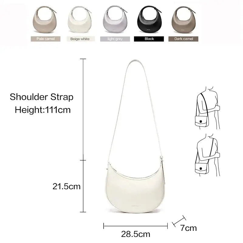 Half Moon Bag dimensions and color options, featuring a shoulder strap and soft PU material for women.