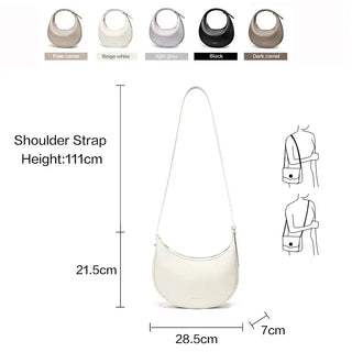 Half Moon Bag dimensions and color options, featuring a shoulder strap and soft PU material for women.