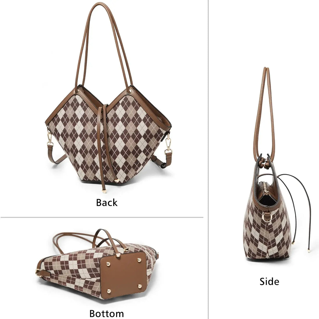 Women Tote Bag featuring a stylish plaid pattern with zipper closure and multiple interior pockets.