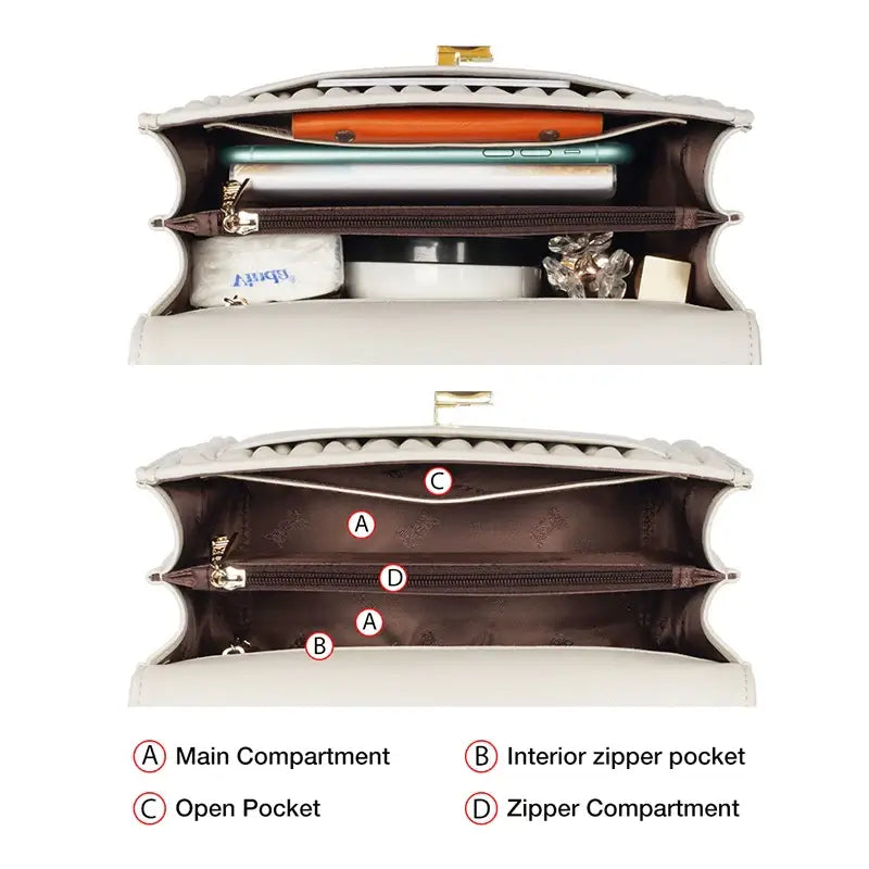 Interior view of Crossbody Bag with Heart-Shaped Gold Clasp showing compartments and pockets.