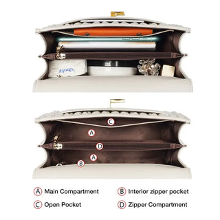 Interior view of Crossbody Bag with Heart-Shaped Gold Clasp showing compartments and pockets.