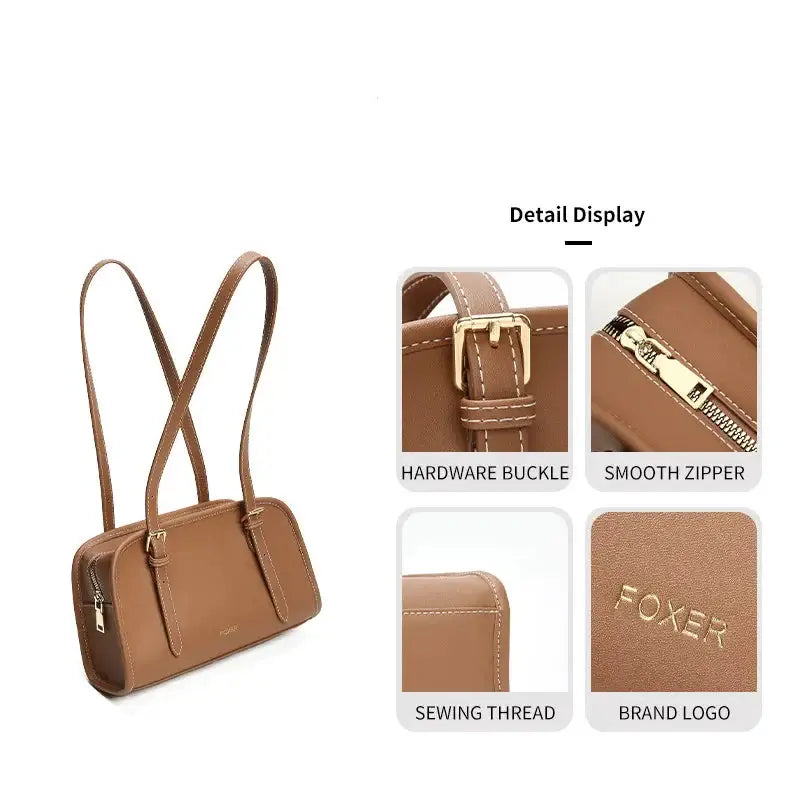 Classic Shoulder Bag in brown with detailed views of hardware buckle, smooth zipper, sewing thread, and brand logo.