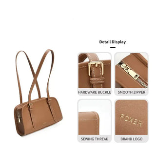 Classic Shoulder Bag in brown with detailed views of hardware buckle, smooth zipper, sewing thread, and brand logo.