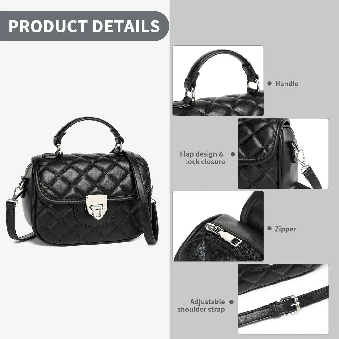 Crossbody Bags high-quality PU leather with adjustable shoulder strap, flap design, lock closure, and zipper detail.