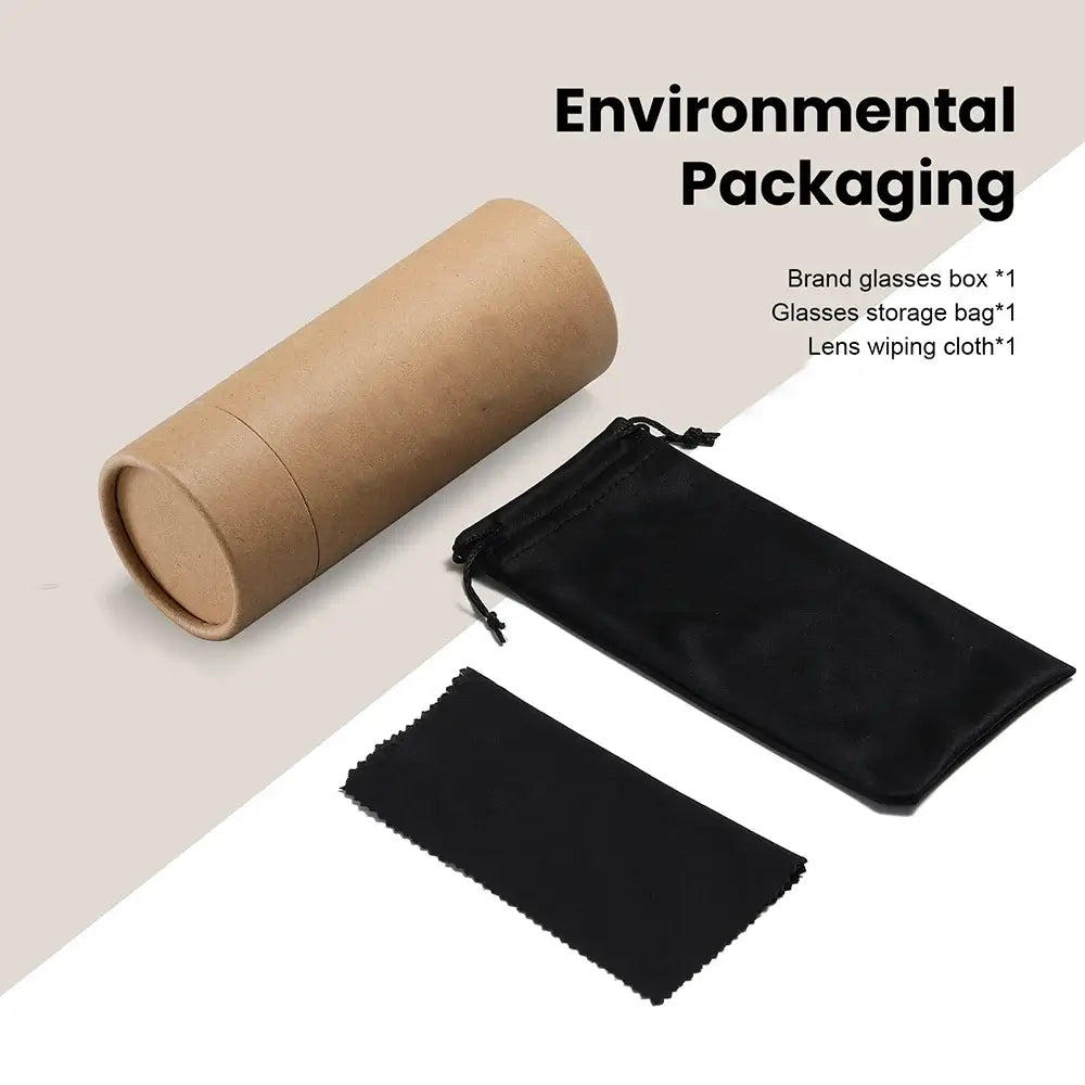 Environmental packaging for Sunglasses Bamboo including glasses box, storage bag, and lens wiping cloth.