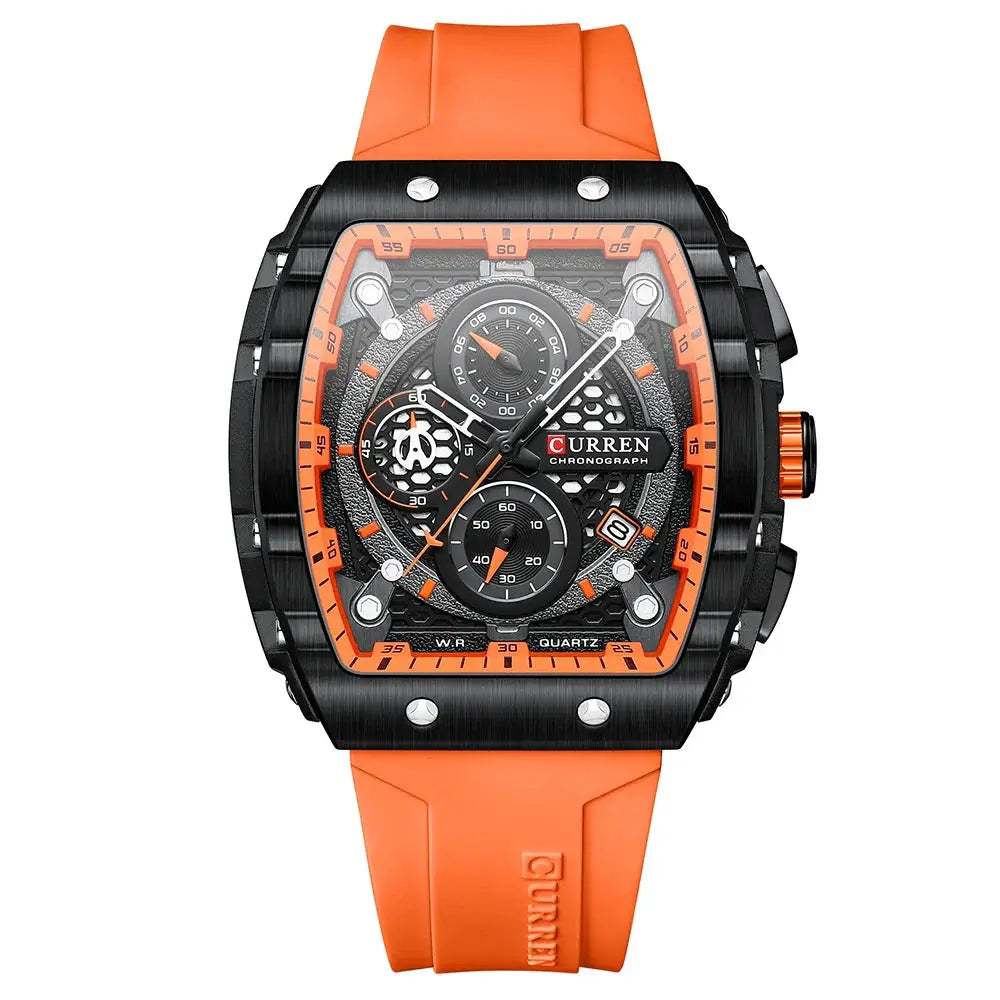 Sports Watches Unique Rectangular - Casual Quartz Silicone in black and orange with chronograph features.