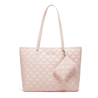Tote Bag Soft & Versatile Two Piece Set in light pink, featuring quilted design and a matching pouch.
