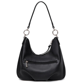 Black luxury crossbody bag for women, casual satchel with soft texture and zipper closure.