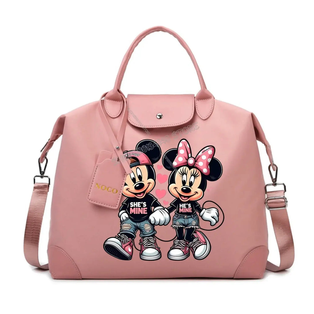 Disney Mickey Mouse Crossbody Bag featuring Mickey and Minnie Mouse in a cute design with 'She's Mine' and 'He's Mine' text.