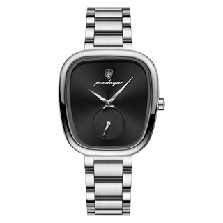 Wristwatch for Woman Waterproof Stainless Steel with black dial and stainless steel band.