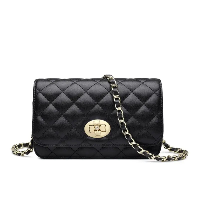 Crossbody Bag with gold chain featuring a quilted black design and a gold clasp, perfect for women.
