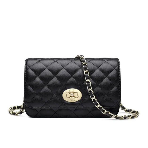 Crossbody Bag with gold chain featuring a quilted black design and a gold clasp, perfect for women.