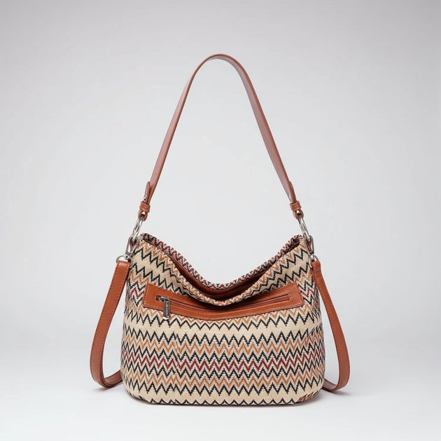Women's multicolor shoulder bag with zigzag pattern, crafted from durable polyester for everyday elegance.