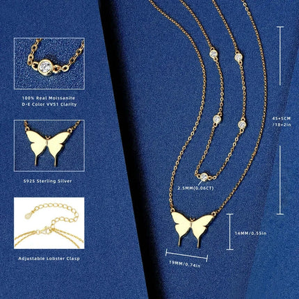 Moissanite Necklace Double Layer Butterfly Pendant