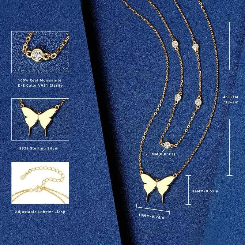 Moissanite Necklace Double Layer Butterfly Pendant
