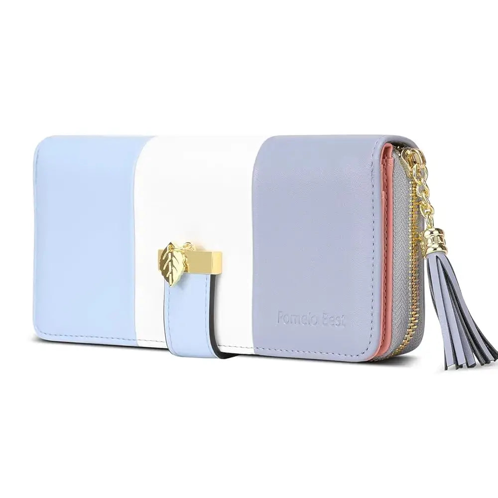 Womens Wallet RFID Blocking Genuine Leather in pastel colors with zipper closure and decorative tassel.