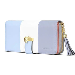 Womens Wallet RFID Blocking Genuine Leather in pastel colors with zipper closure and decorative tassel.