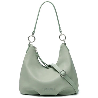 Light green luxury crossbody bag for women, casual satchel with wide straps and zipper closure.