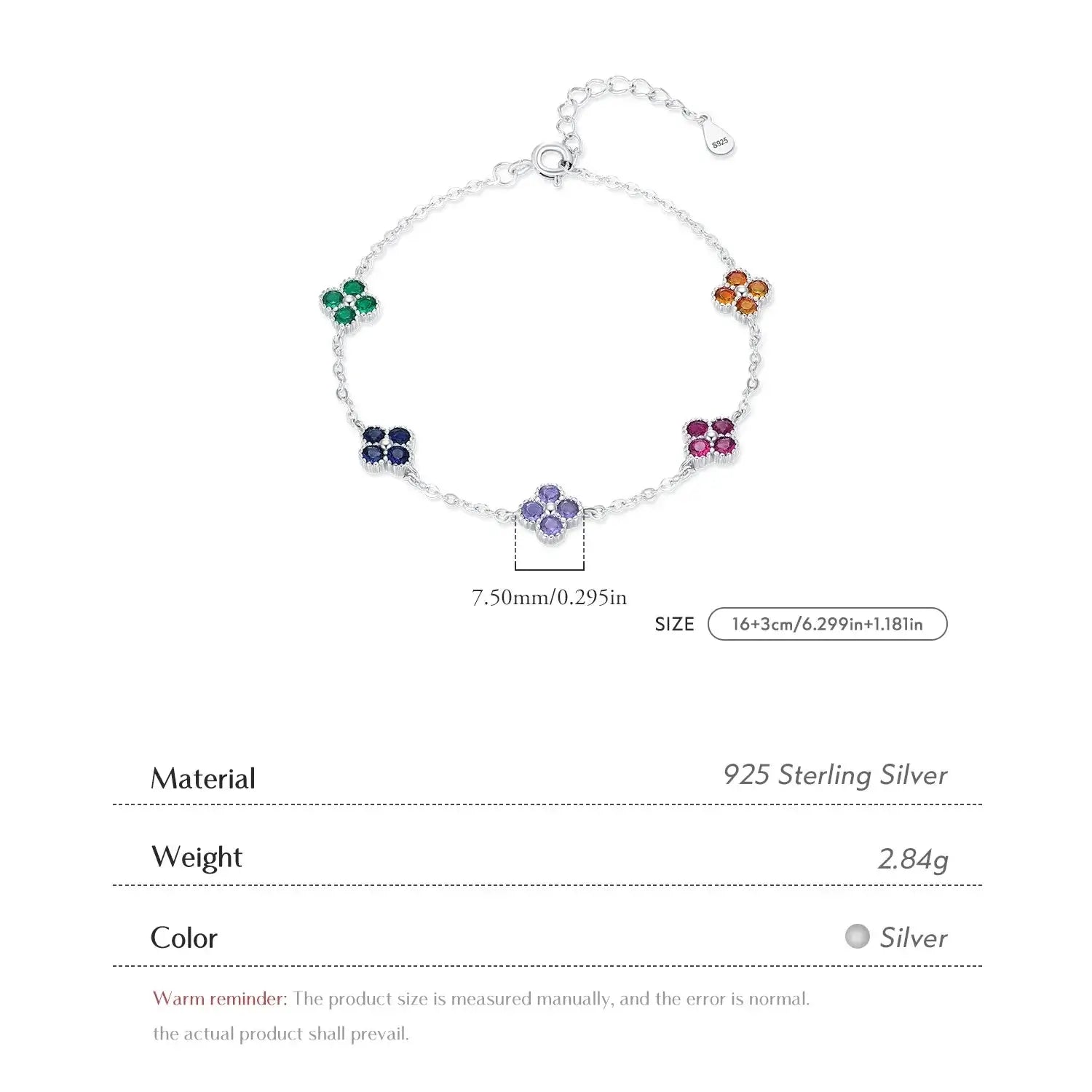 Elegant Bracelet 925 Sterling Silver with plant-inspired design and zircon accents, adjustable and hypoallergenic.